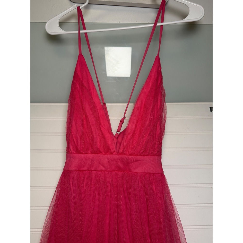 @ Balance Fuchsia Pink Tulle Plunging V-Neck Double Slit Maxi Gown Dress Size M
